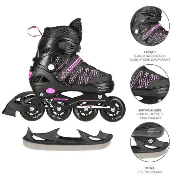 2in1_NilsExtreme_NH11912A-BlackPink-3 2in1 (rull)uisud NILS EXTREME NH11912A In-line Skates/Hockey Ice Skates, S (31-34), Black/Pink